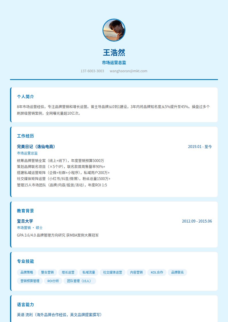 破浪蓝简历模板